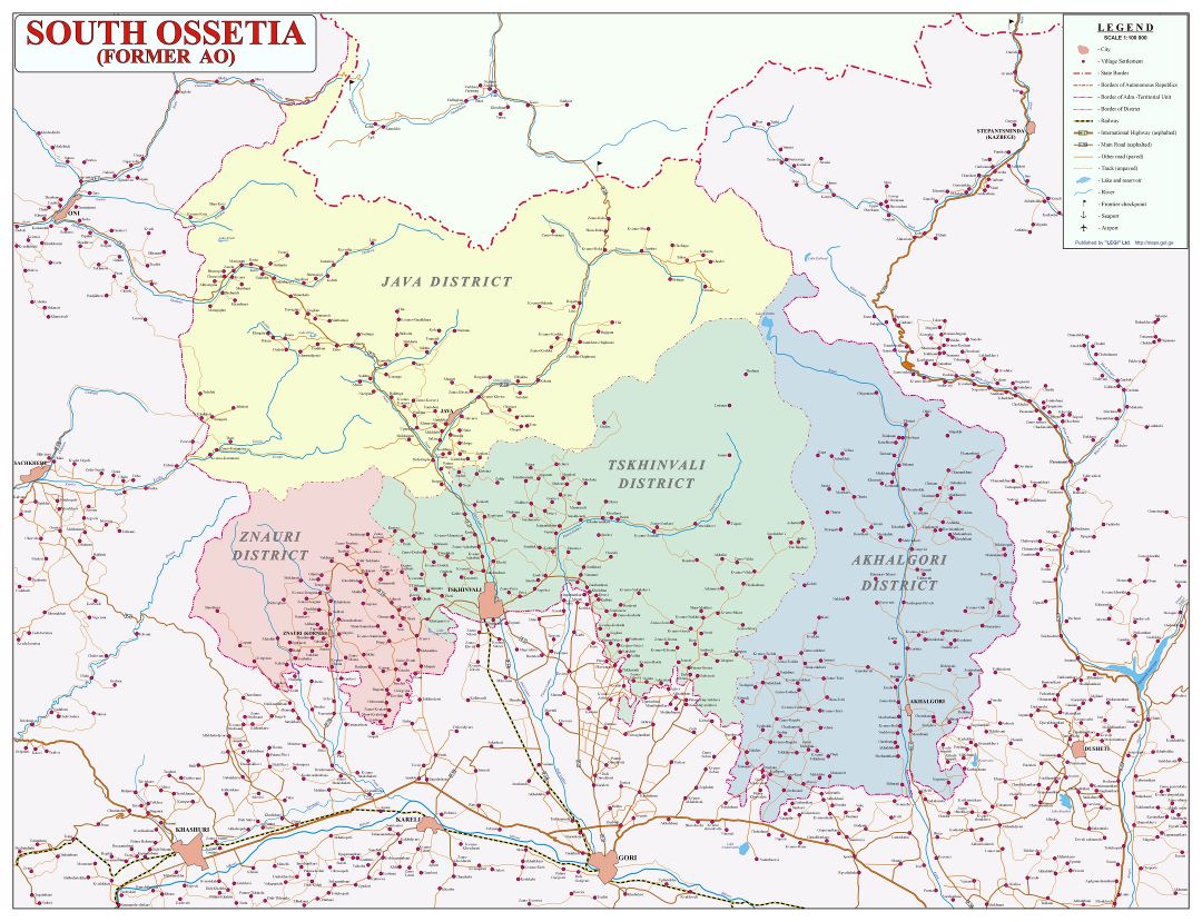Grande detallado mapa político y administrativo de Osetia del Sur con carreteras, ciudades, todos los pueblos y otras marcas