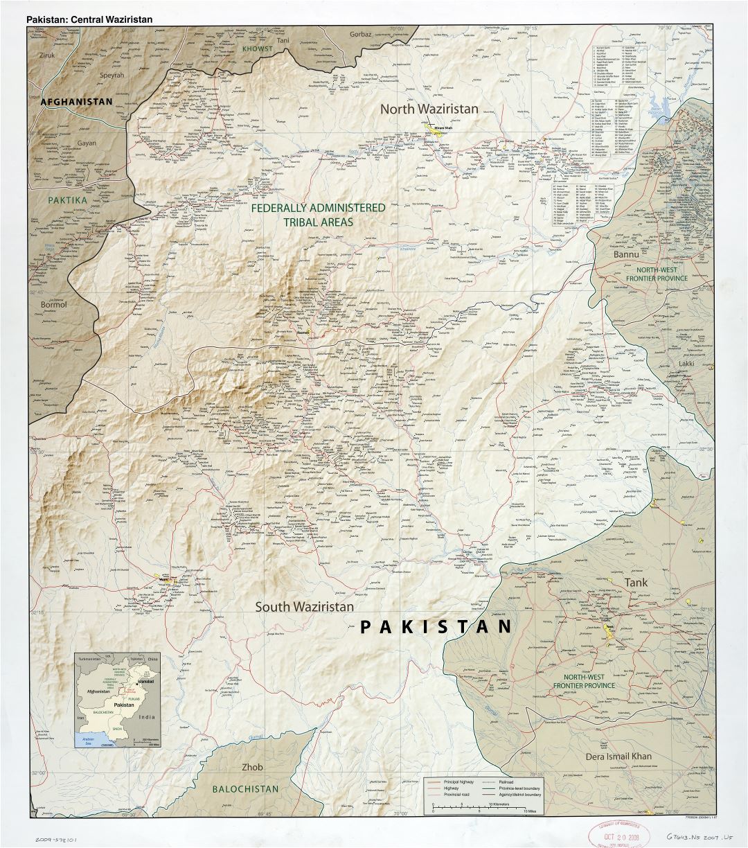 A gran escala detallado mapa de Pakistán (Waziristán central) con relieve, carreteras, ferrocarriles, todas ciudades y pueblos - 2007