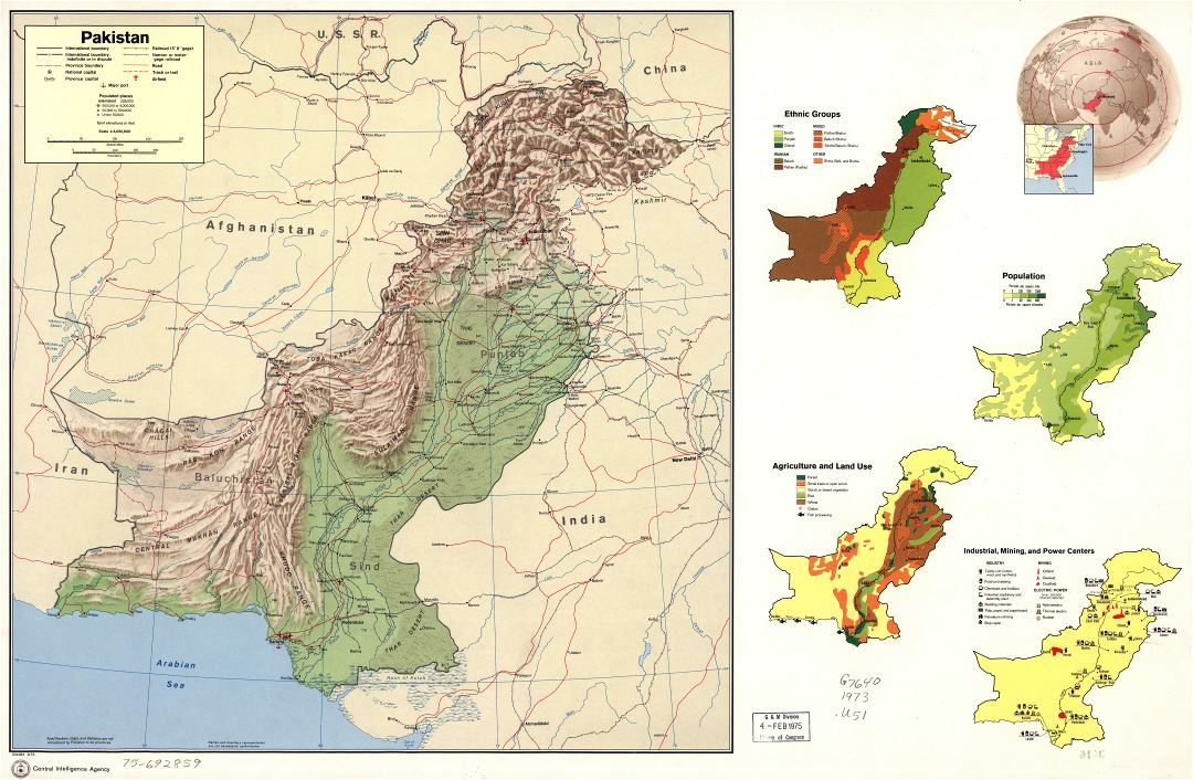 A gran escala detallado mapa del perfil del país de Pakistán - 1973