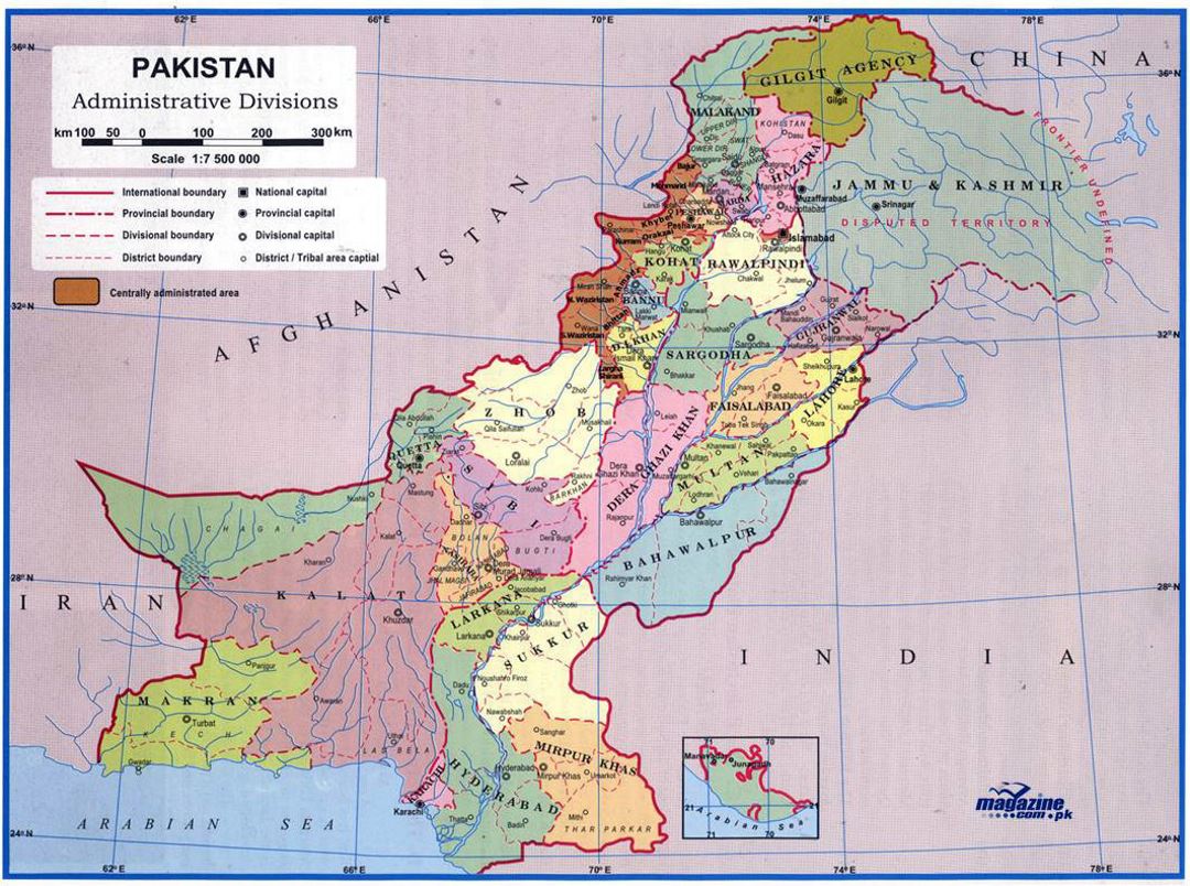 Detallado mapa de administrativas divisiones de Pakistán