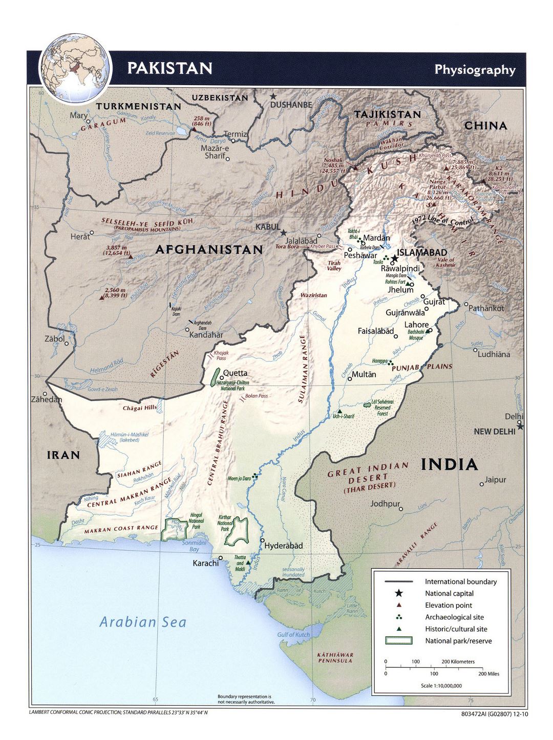Detallado mapa de fisiografía de Pakistán - 2010