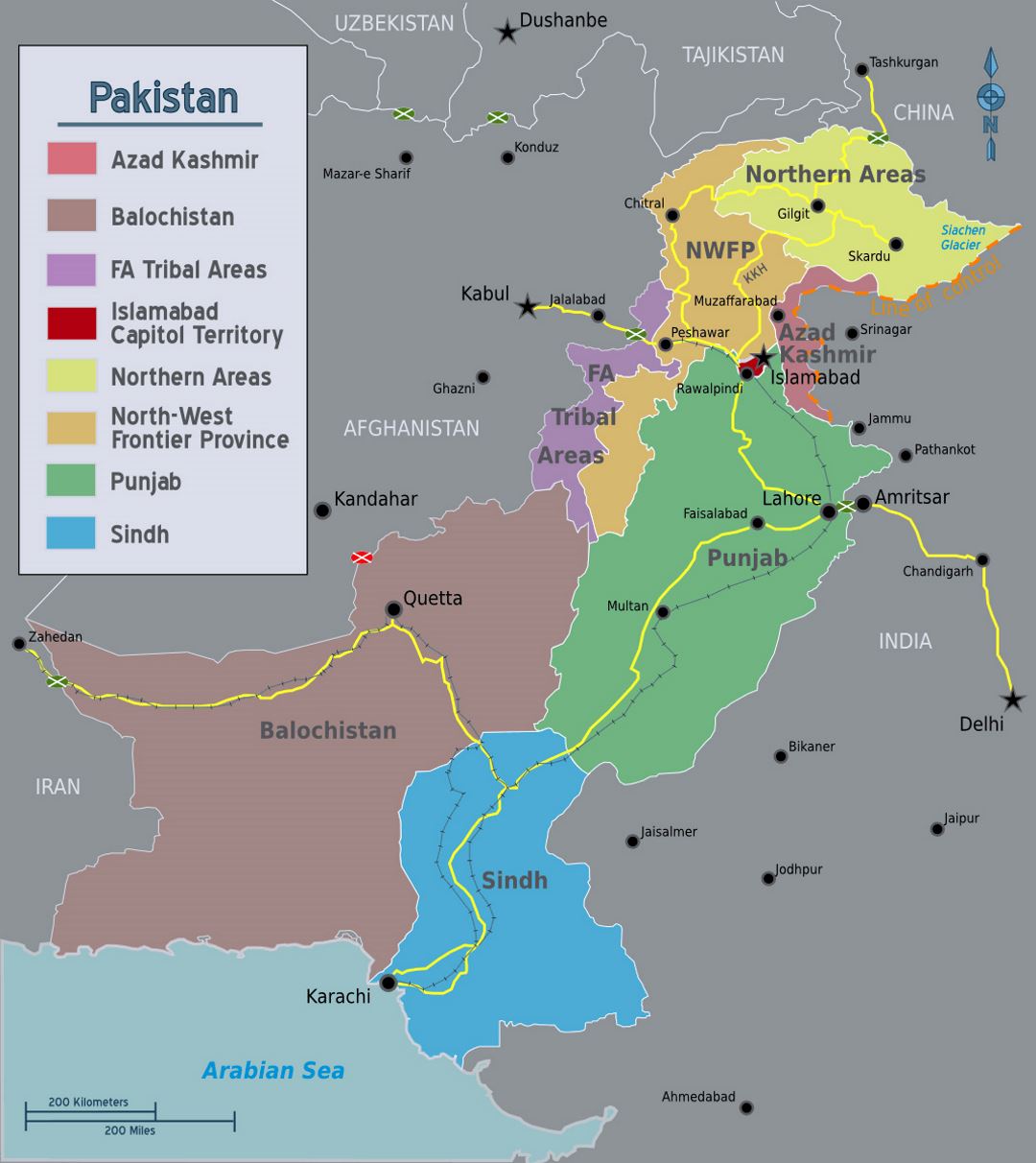 Detallado mapa de regiones de Pakistán