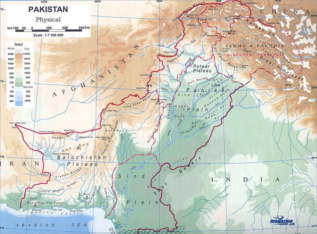 Detallado mapa físico de Pakistán