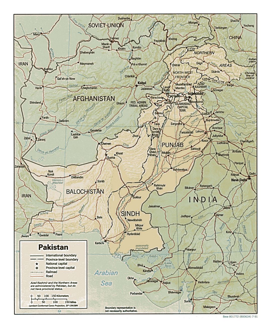 Detallado mapa político y administrativo de Pakistán con relieve, carreteras, ferrocarriles y principales ciudades - 1991
