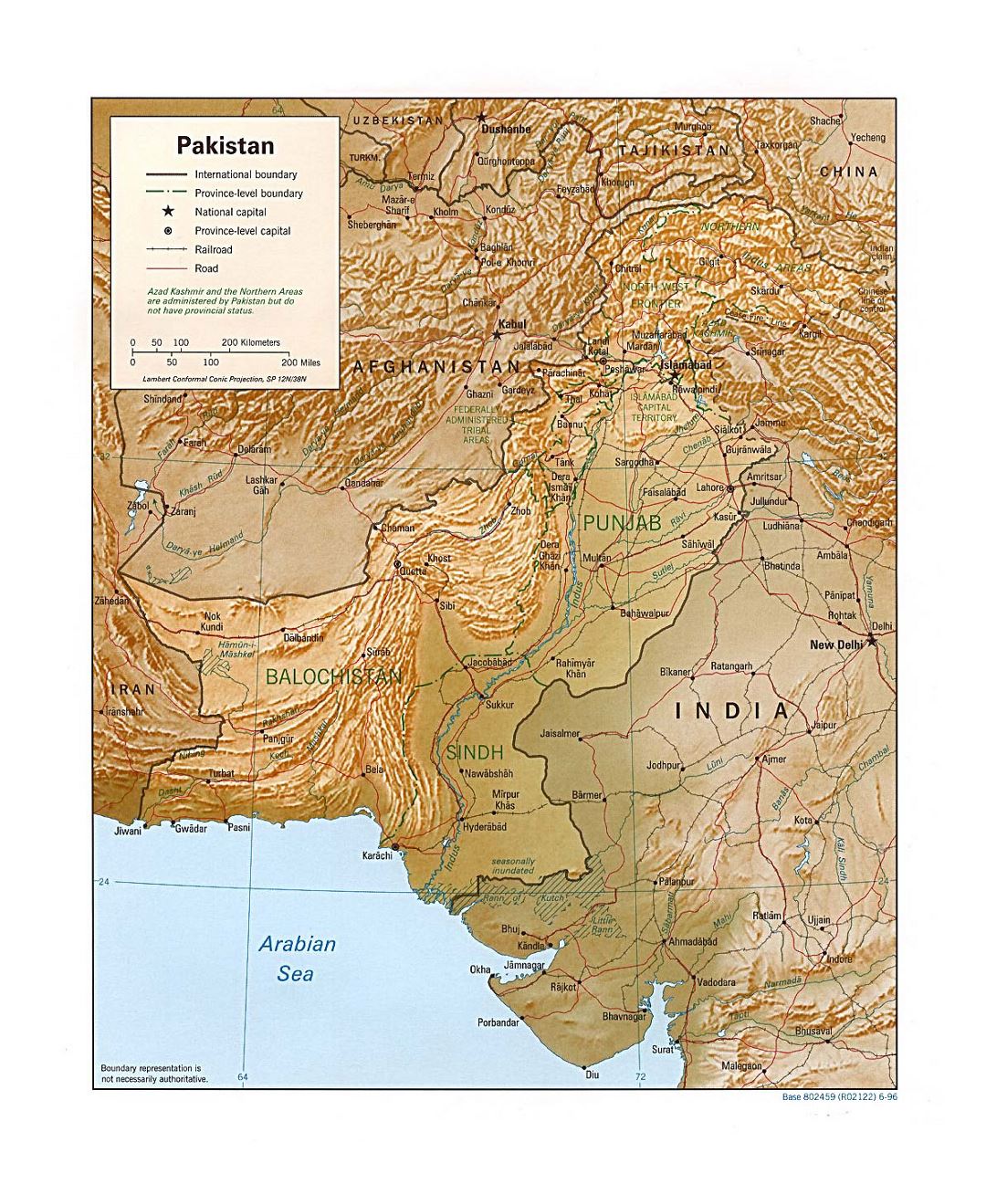Detallado mapa político y administrativo de Pakistán con relieve, carreteras, ferrocarriles y principales ciudades - 1996