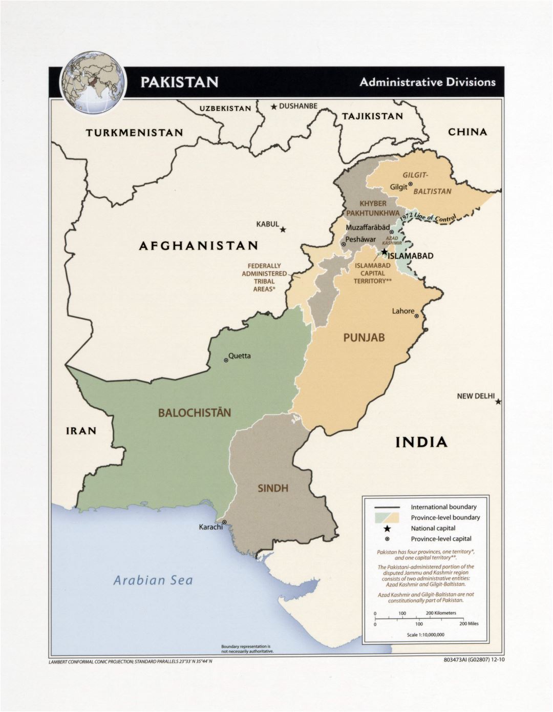 Grande detallado mapa de administrativas divisiones de Pakistán - 2010