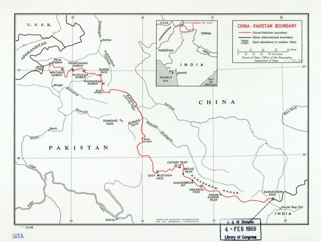 Grande detallado mapa de límite de China - Pakistán - 1968