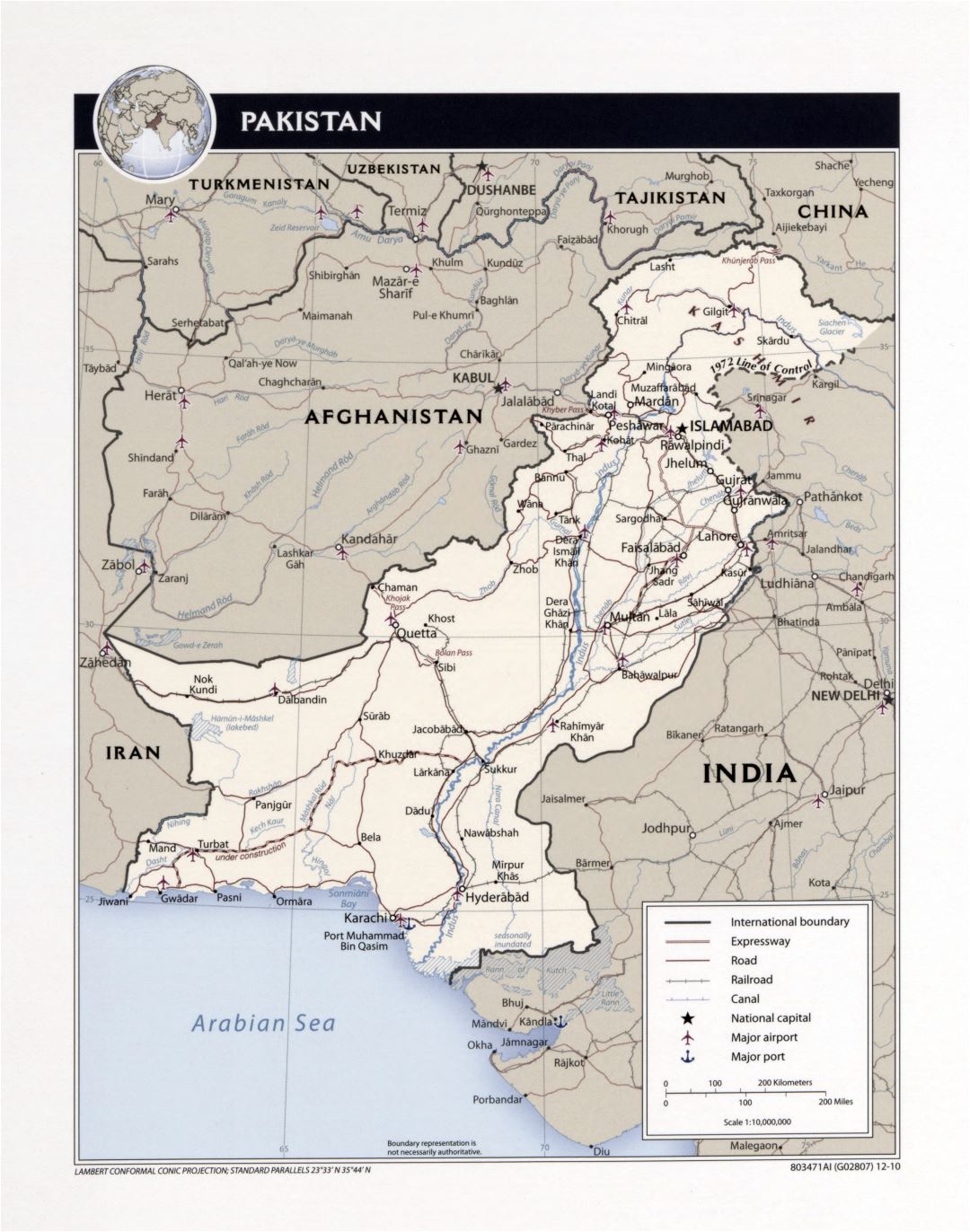Grande detallado mapa político de Pakistán con carreteras, ferrocarriles, ciudades, aeropuertos, puertos y otras marcas - 2010