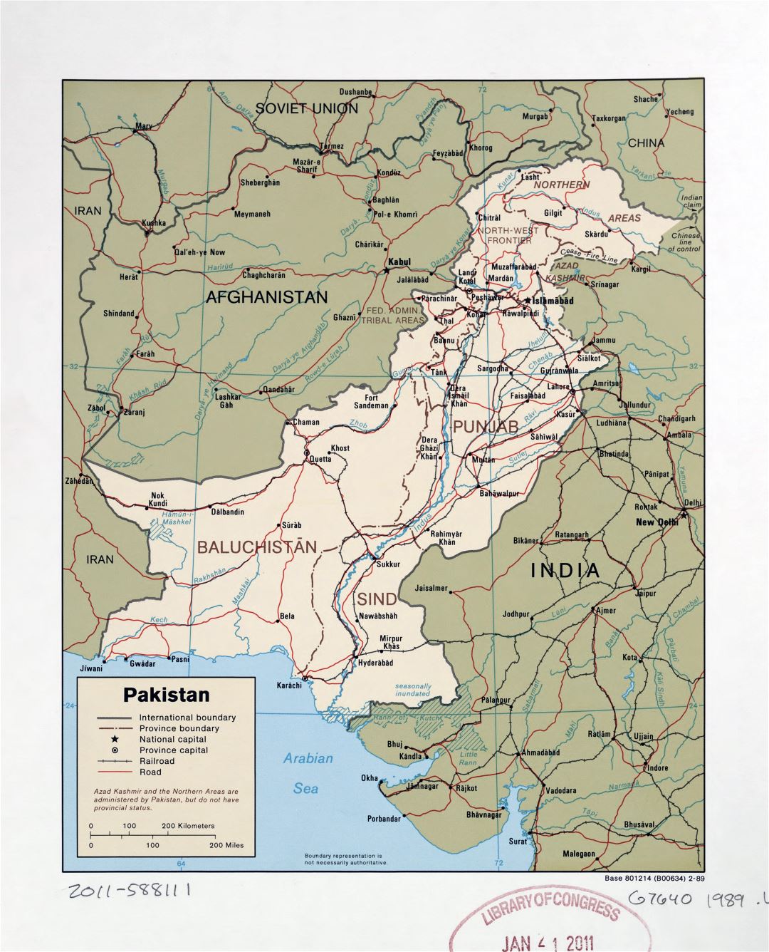 Grande detallado mapa político y administrativo de Pakistán con carreteras, ferrocarriles y principales ciudades - 1989