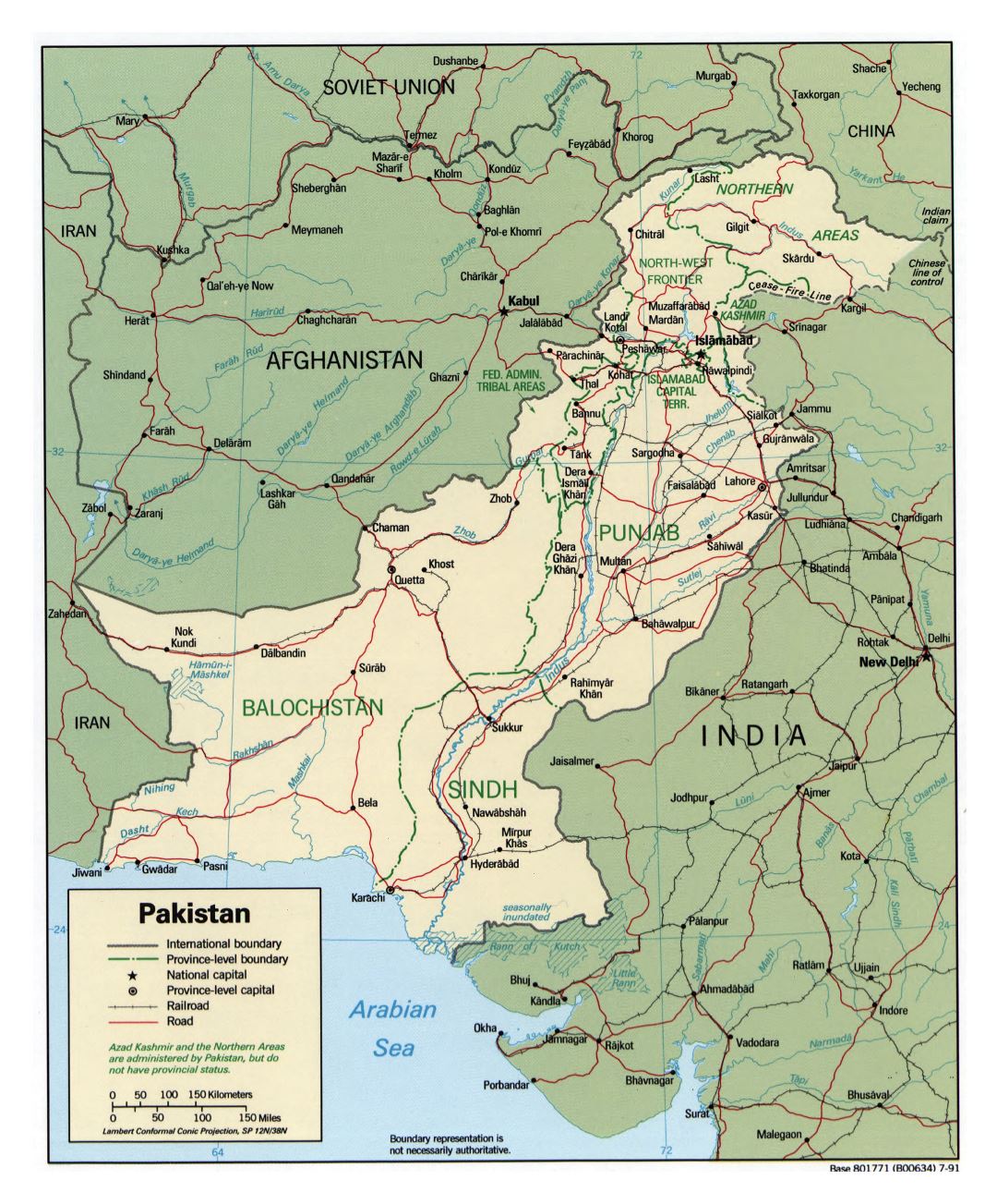 Grande detallado mapa político y administrativo de Pakistán con carreteras, ferrocarriles y principales ciudades - 1991