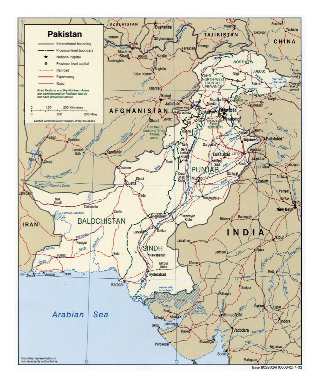 Grande detallado mapa político y administrativo de Pakistán con carreteras, ferrocarriles y principales ciudades - 2002