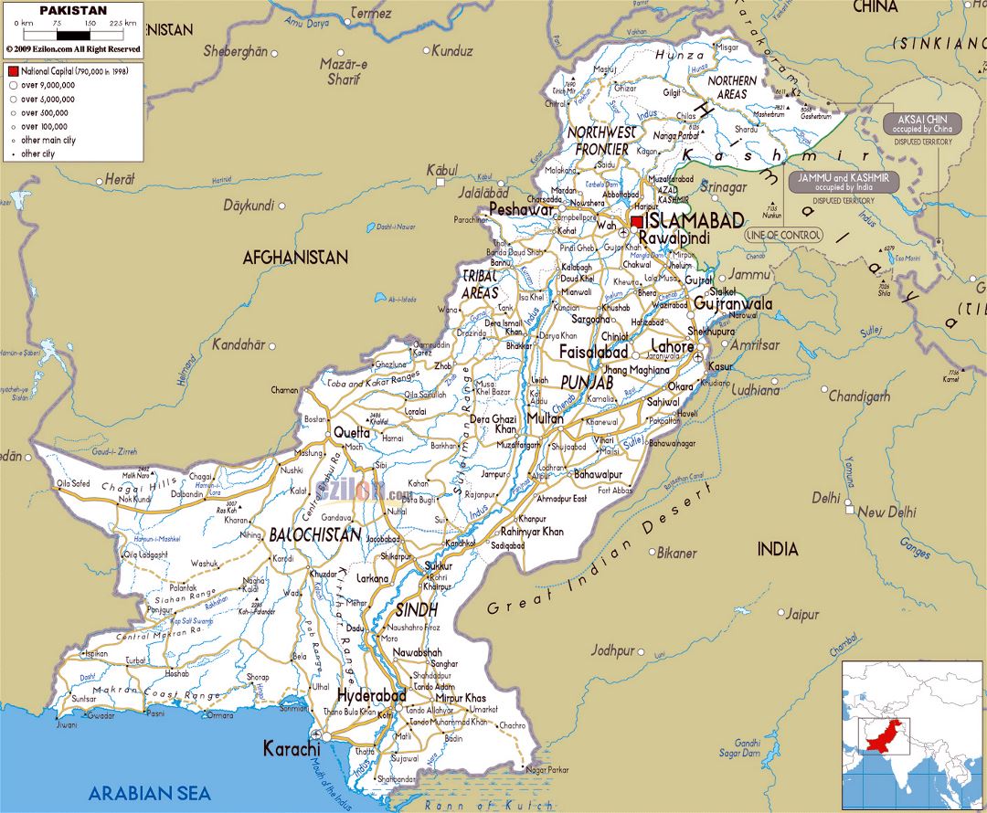 Grande mapa de carreteras de Pakistán con ciudades y aeropuertos