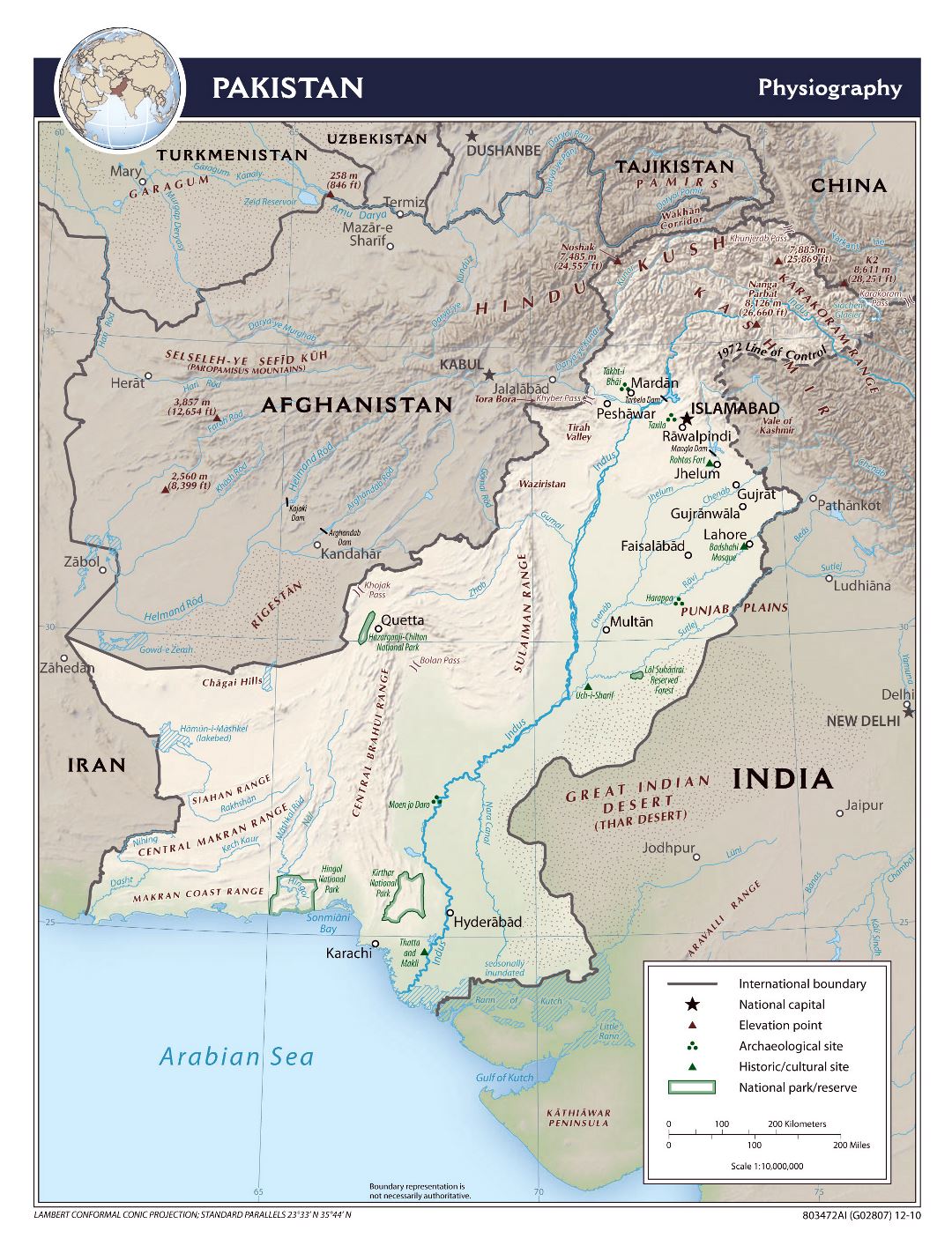 Grande mapa fisiográfico de Pakistán - 2010