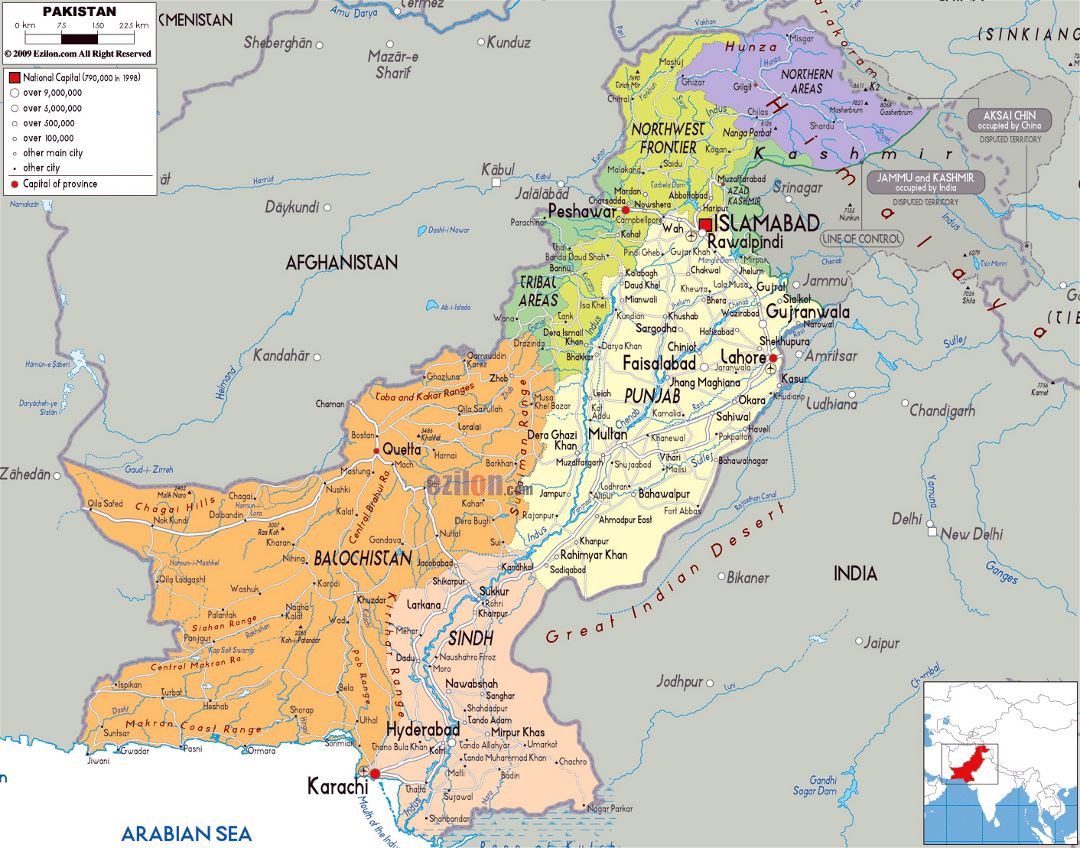 Grande mapa político y administrativo de Pakistán con carreteras, ciudades y aeropuertos