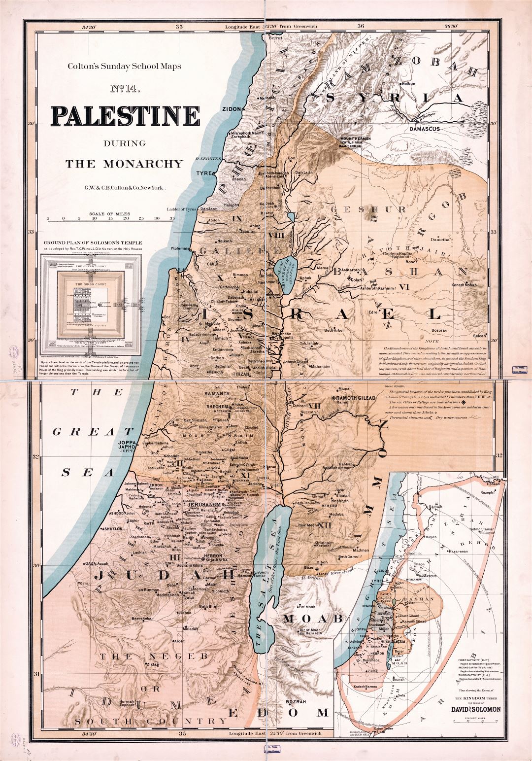 A gran escala detallado mapa antiguo de Palestina durante la monarquía - 1895