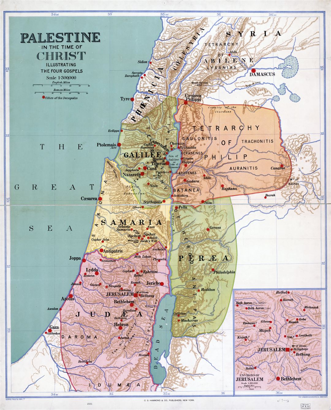 A gran escala detallado mapa antiguo de Palestina en la época de Cristo - 1916