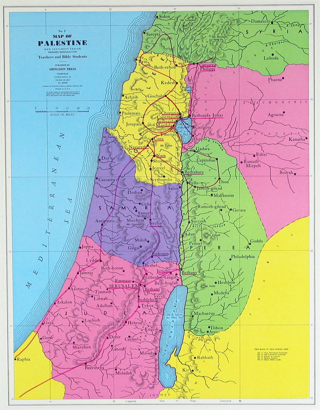 Detallado mapa del período del Nuevo Testamento en Palestina