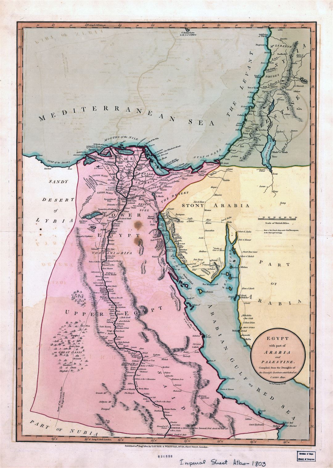 Grande detallado antiguo mapa de Egipto con parte de Arabia y Palestina - 1800