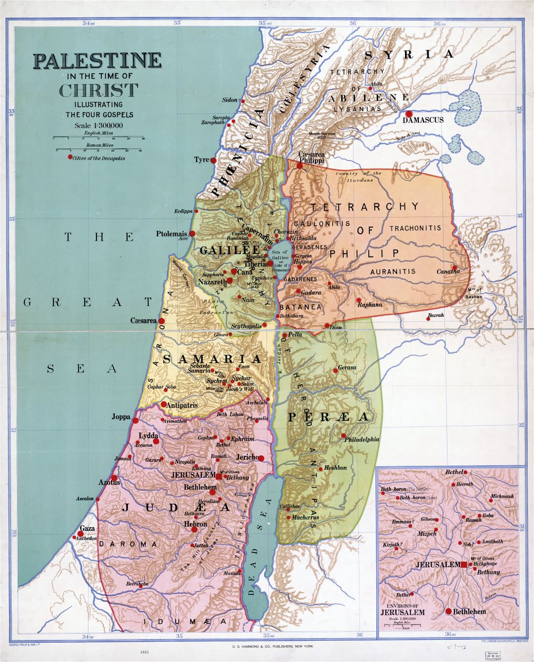 Grande detallado antiguo mapa de Palestina en la época de Cristo - 1916