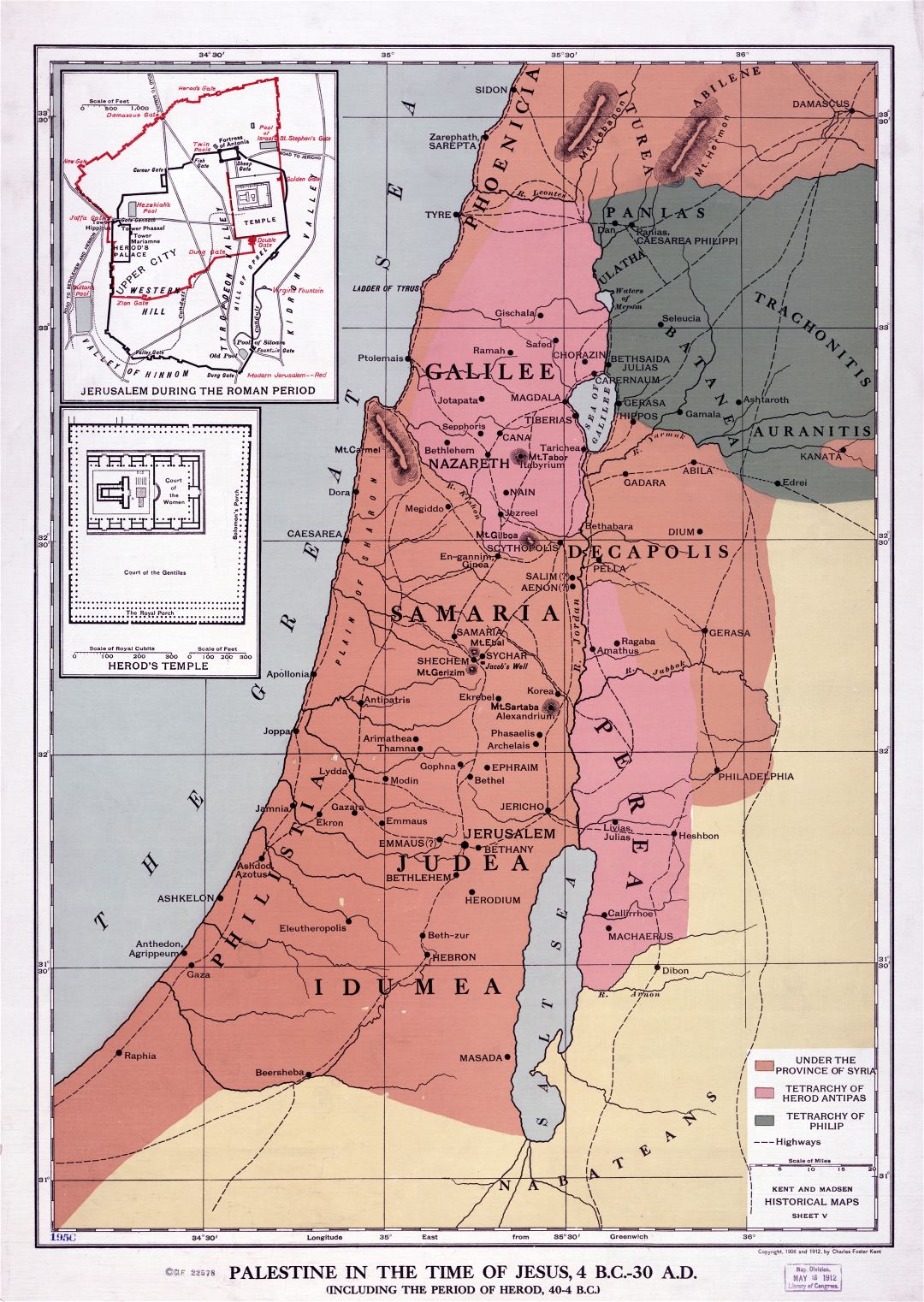 Grande detallado antiguo mapa de Palestina en la época de Jesús 4 aC - 30 dC - 1912