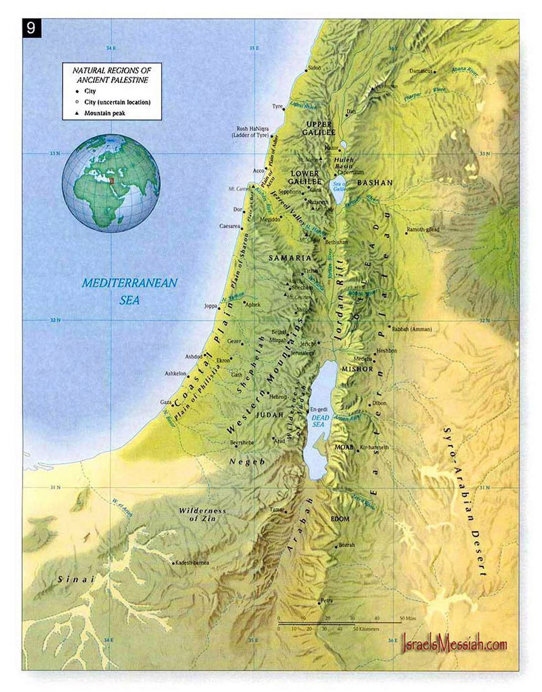 Mapa de regiones naturales de la antigua Palestina