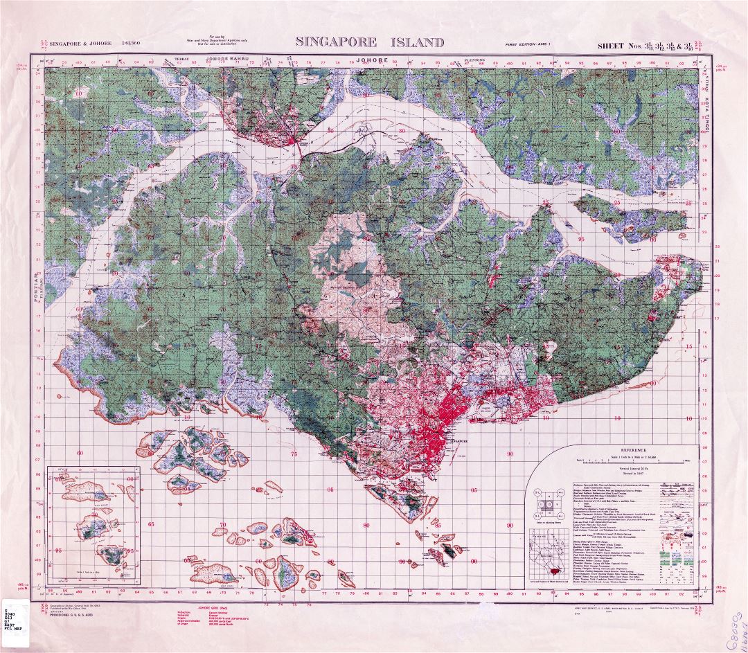 A gran escala antiguo mapa topográfico de Singapur - 1937