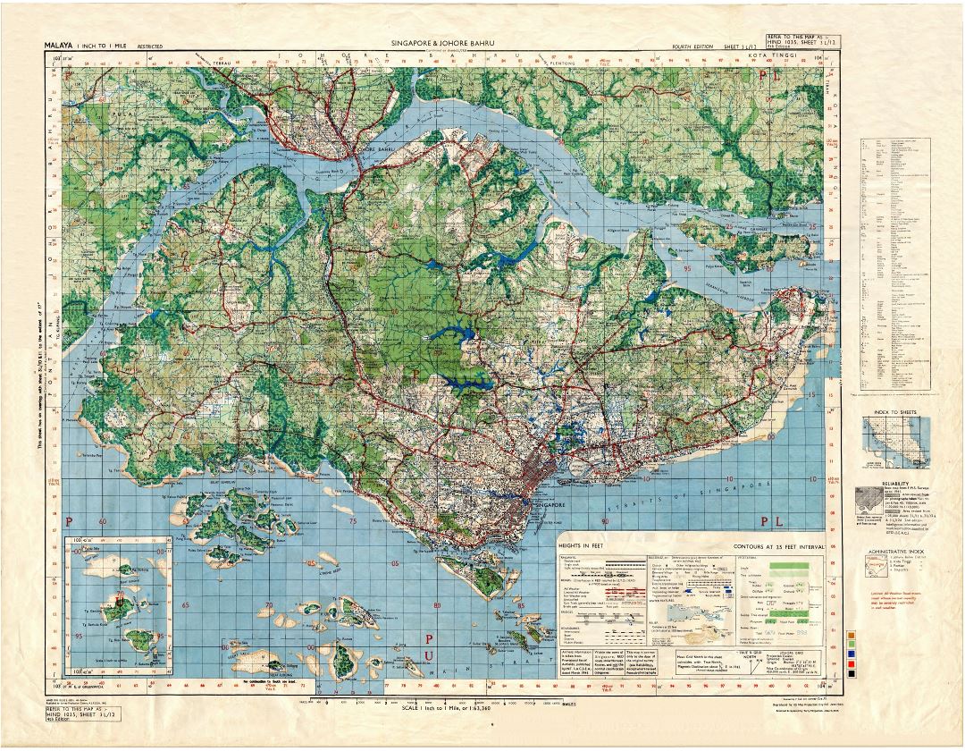 A gran escala mapa topográfico de Singapur - 1945