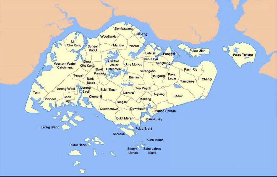 Detallado mapa de administrativas divisiones de Singapur