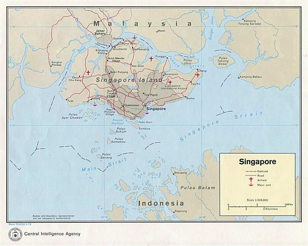 Grande detallado mapa político de Singapur con carreteras, ferrocarriles, aeródromos y principales puertos - 1973