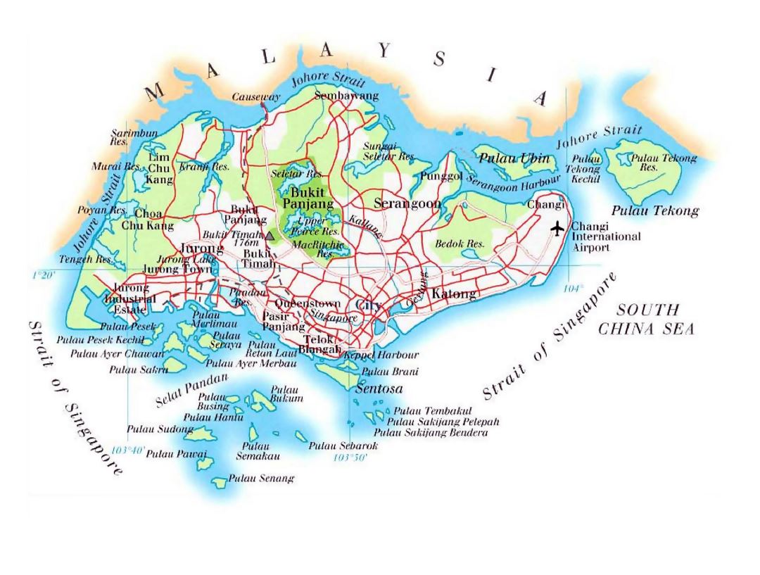Grande mapa de elevación de Singapur con carreteras, ferrocarriles y aeropuertos