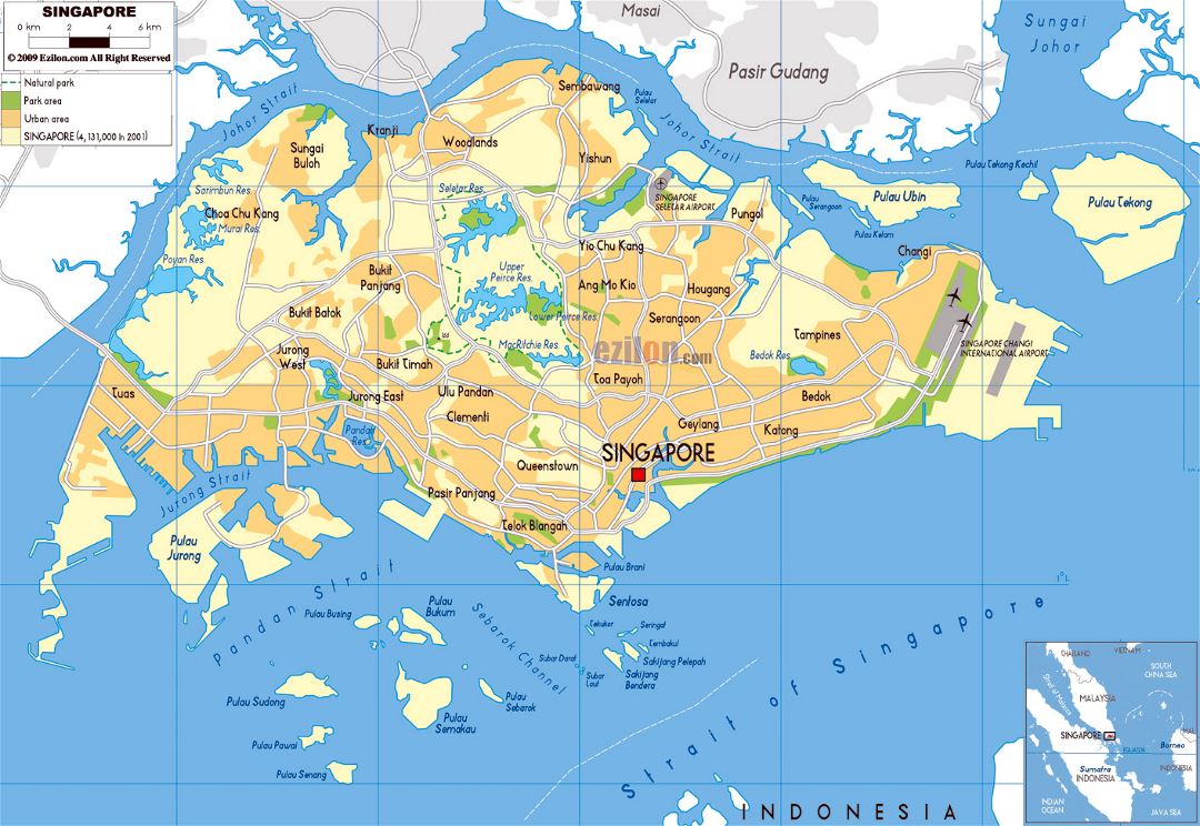 Grande mapa físico de Singapur con carreteras y aeropuertos