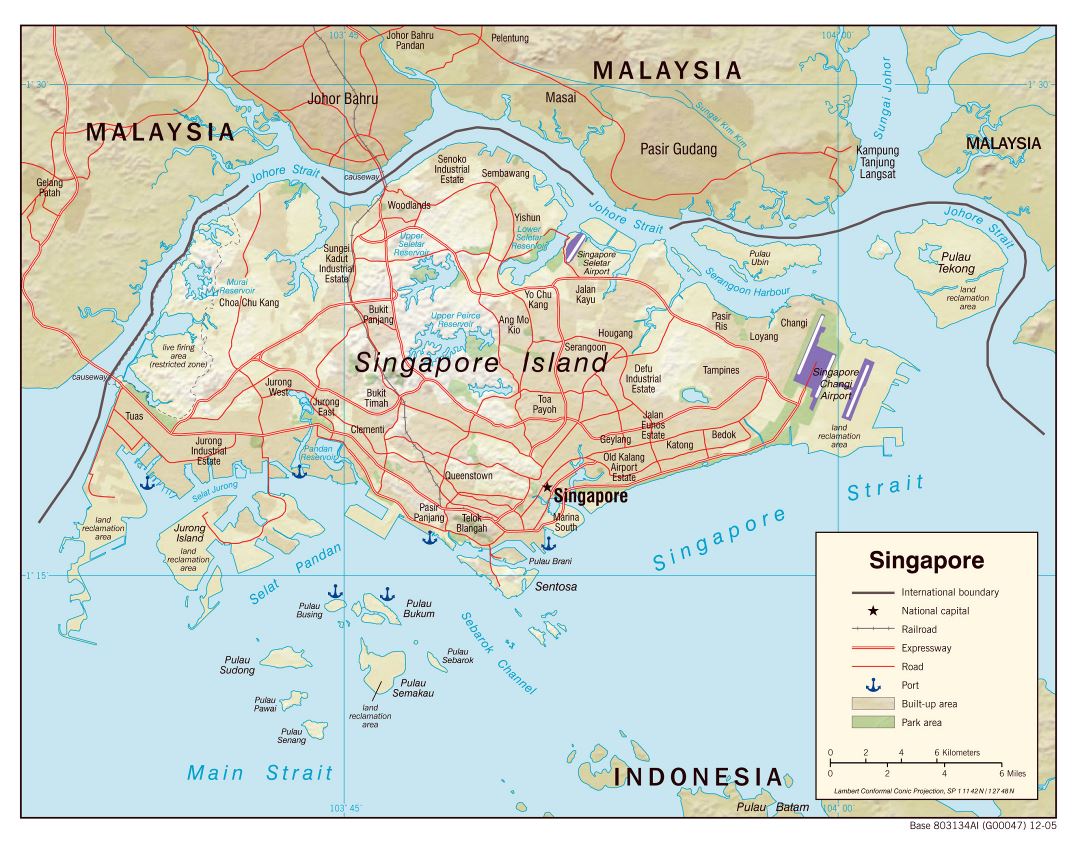 Grande mapa político de Singapur con relieve, carreteras, ferrocarriles, aeropuertos, puertos marítimos y otras marcas - 2005