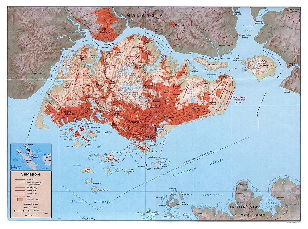 Grande mapa político de Singapur con relieve, carreteras, ferrocarriles y otras marcas - 1994