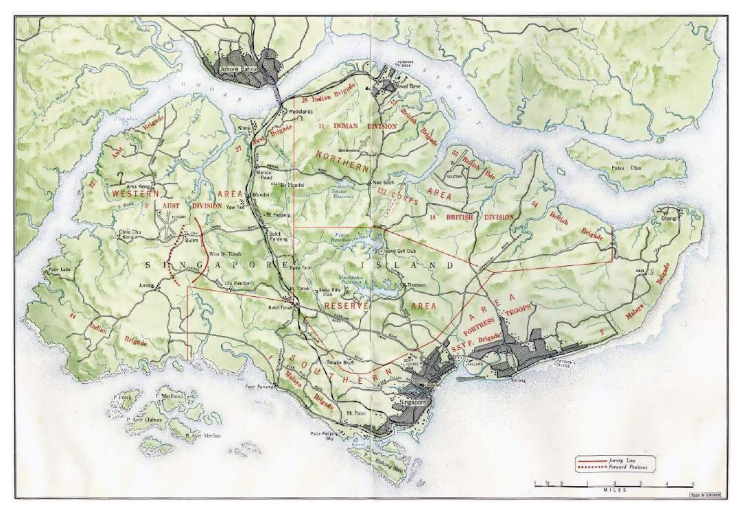 Mapa antiguo de Singapur con relieve - 1942