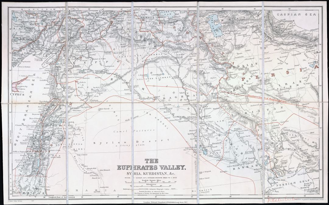 A gran escala detallado mapa antiguo del Valle del Éufrates, Siria y Kurdistán - 1900