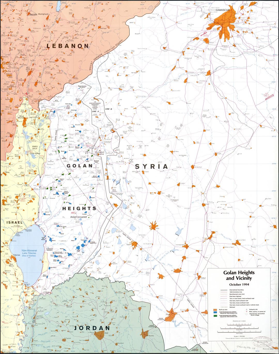 A gran escala mapa de los Altos del Golán y sus alrededores con otras marcas - 1994