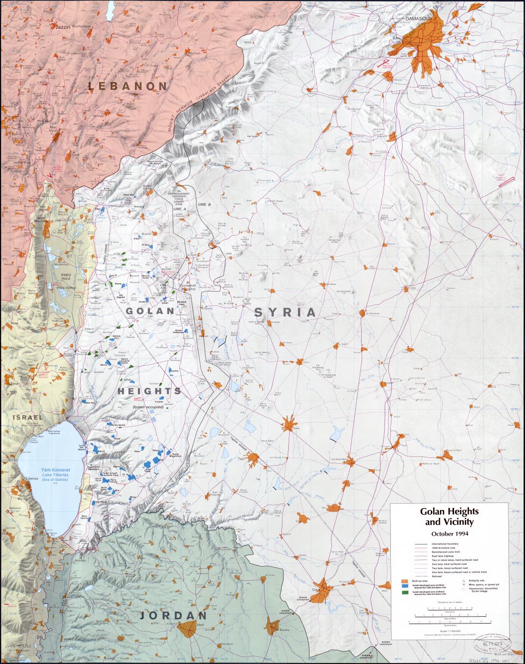 A gran escala mapa de los Altos del Golán y sus alrededores con relieve y otras marcas - 1994