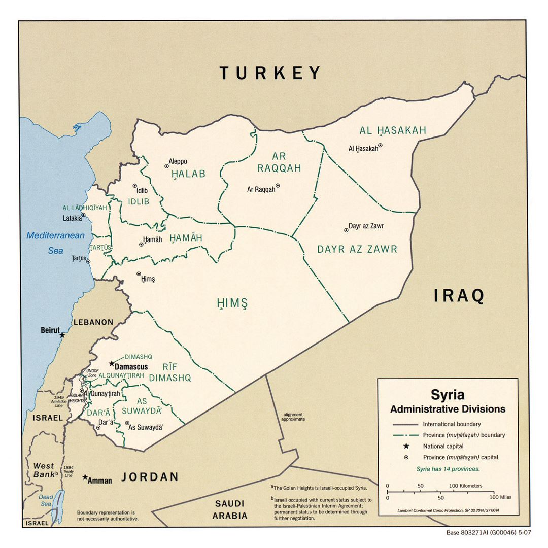 Detallado mapa de administrativas divisiones de Siria - 2007