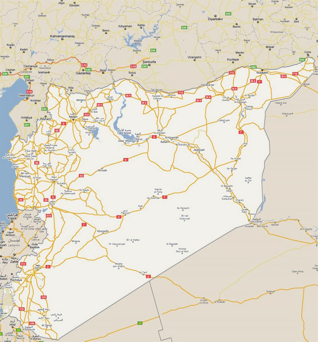Detallado mapa de carreteras de Siria con todas ciudades