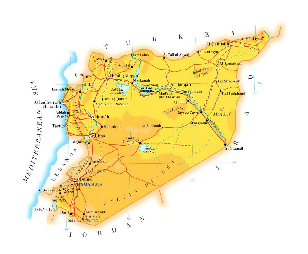 Detallado mapa de elevación de Siria con carreteras, ferrocarriles, ciudades y aeropuertos