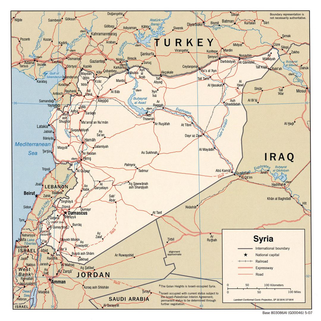 Detallado mapa político de Siria con carreteras, ferrocarriles y principales ciudades - 2007