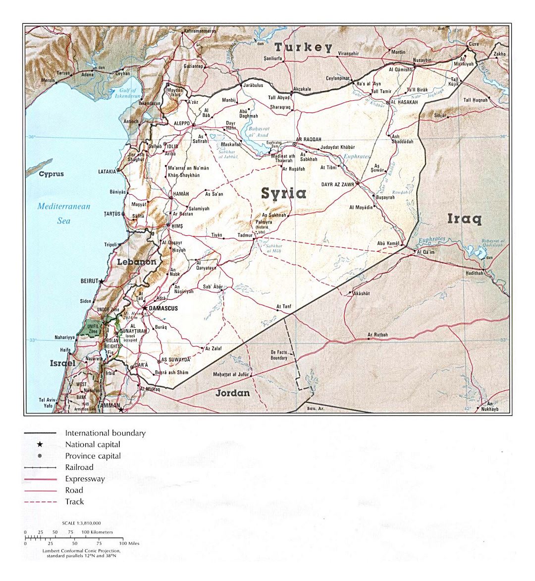 Detallado mapa político de Siria con socorro, carreteras, ferrocarriles y principales ciudades - 1993