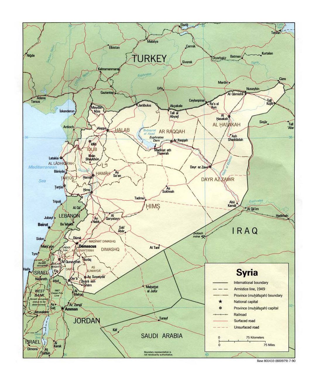 Detallado mapa político y administrativo de Siria con carreteras, ferrocarriles y principales ciudades - 1990