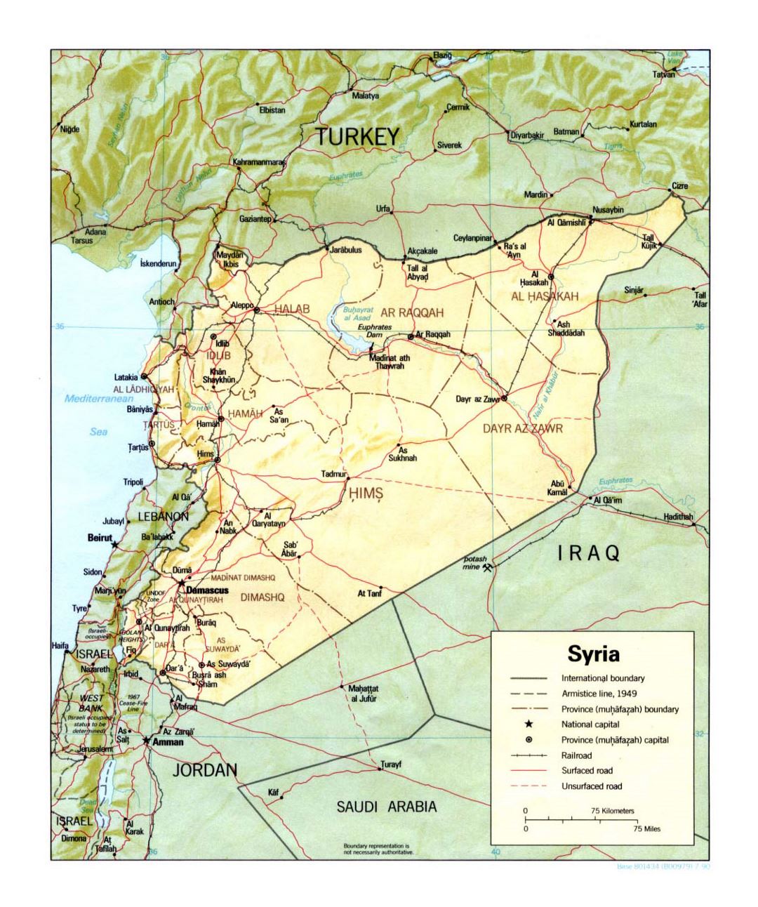 Detallado mapa político y administrativo de Siria con socorro, carreteras, ferrocarriles y principales ciudades - 1990