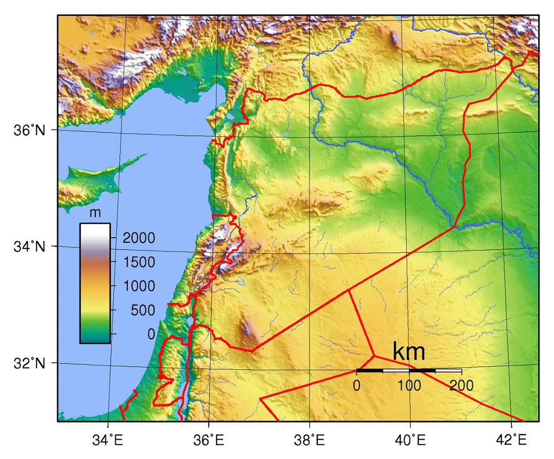 Detallado mapa topográfico de Siria