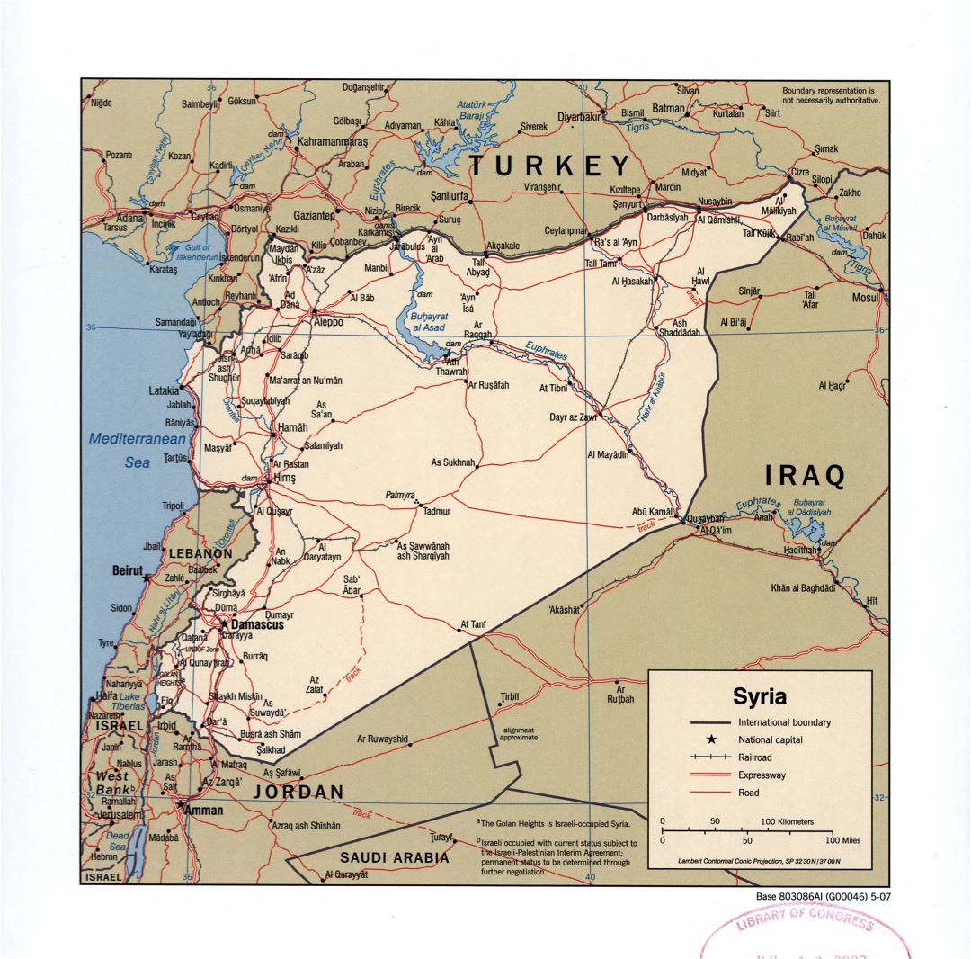 Grande detallado mapa político de Siria con carreteras, ferrocarriles y ciudades - 2007
