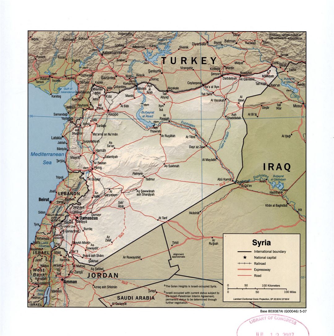 Grande detallado mapa político de Siria con socorro, carreteras, ferrocarriles y ciudades - 2007