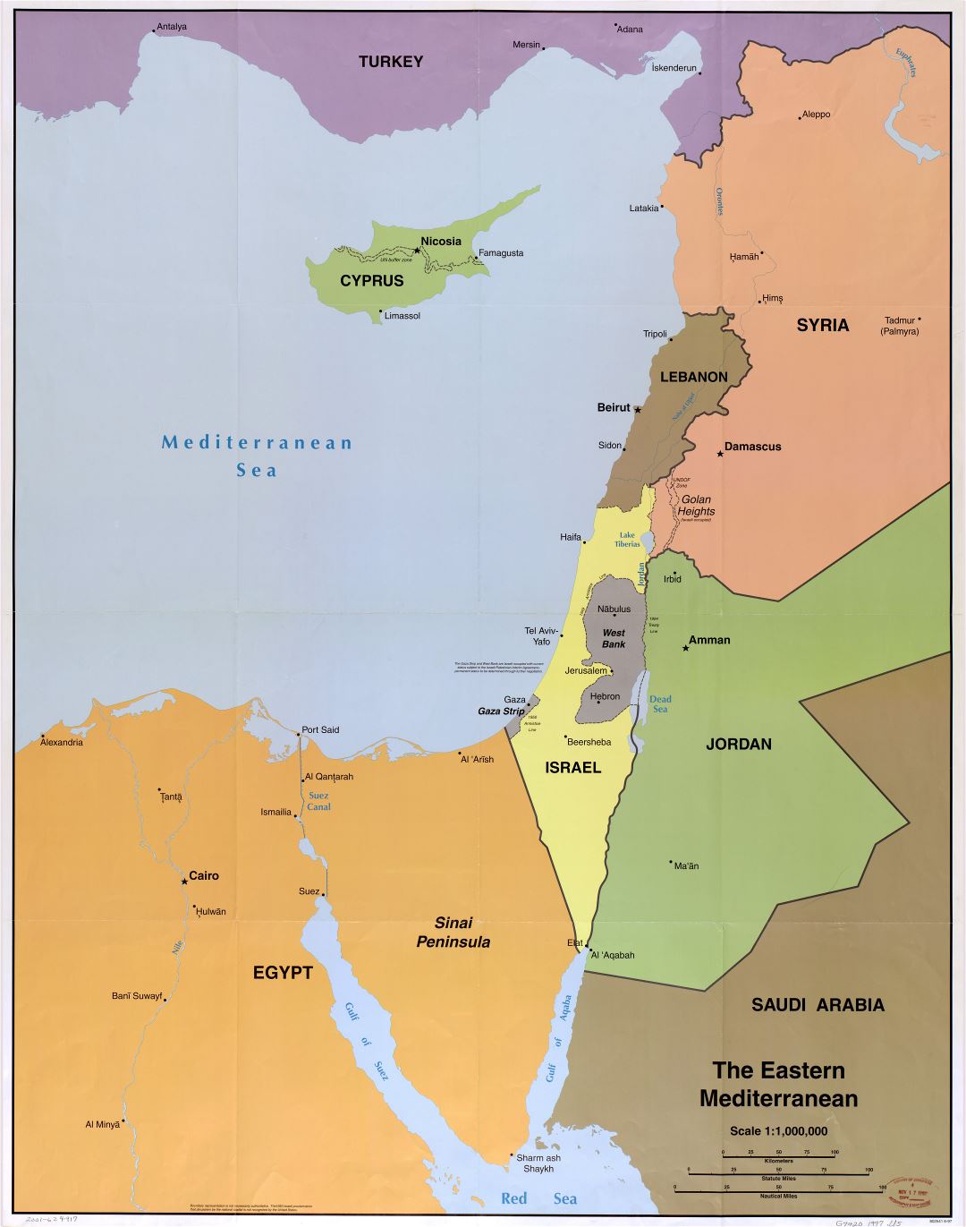 Grande detallado mapa político del Mediterráneo Oriental con principales ciudades - 1997