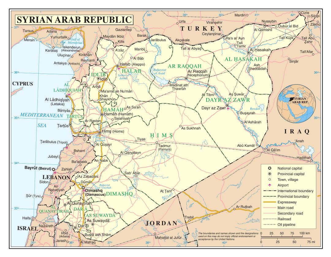 Grande detallado mapa político y administrativo de Siria con carreteras, ferrocarriles, ciudades y aeropuertos