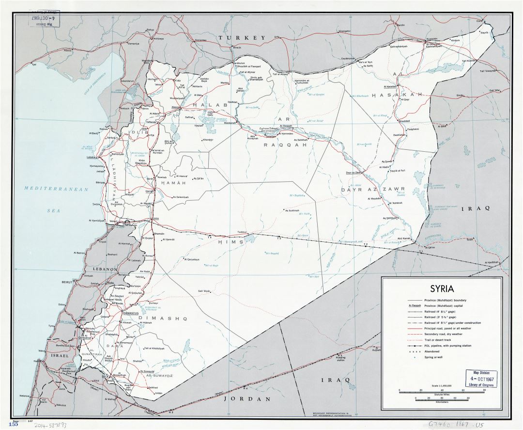 Grande detallado mapa político y administrativo de Siria con carreteras, ferrocarriles, ciudades y otras marcas - 1967